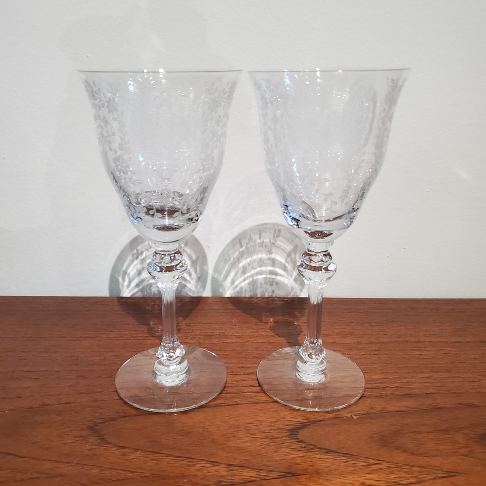 Tiffin June Night Etched Crystal 7 7/8 Tall Water Goblet Glass‎ Vintage/set of 2